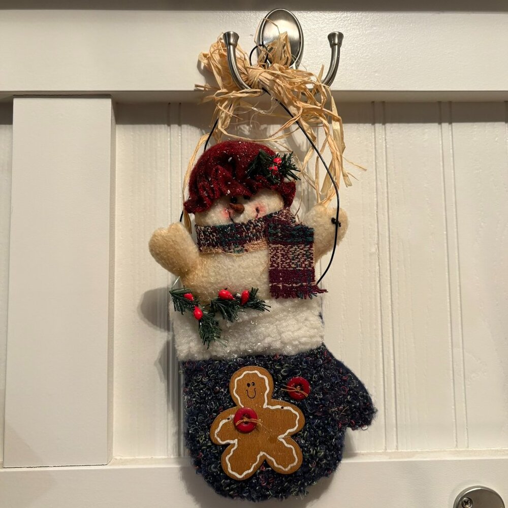 Hanging holiday decoration snowman in a glove 12" from hanger to bottom